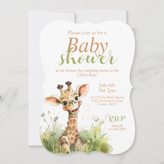 Invitación a Baby Shower con temas de jirafa (Anverso)