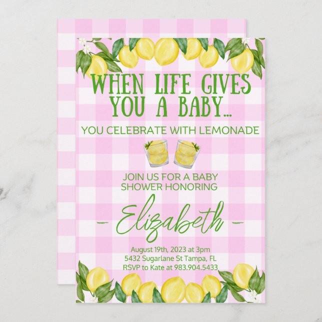 Invitación a Baby Shower con temas de Lemonade Ros (Anverso / Reverso)