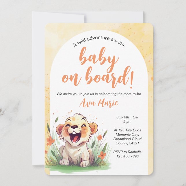 Invitación a Baby Shower con temas de León (Anverso)