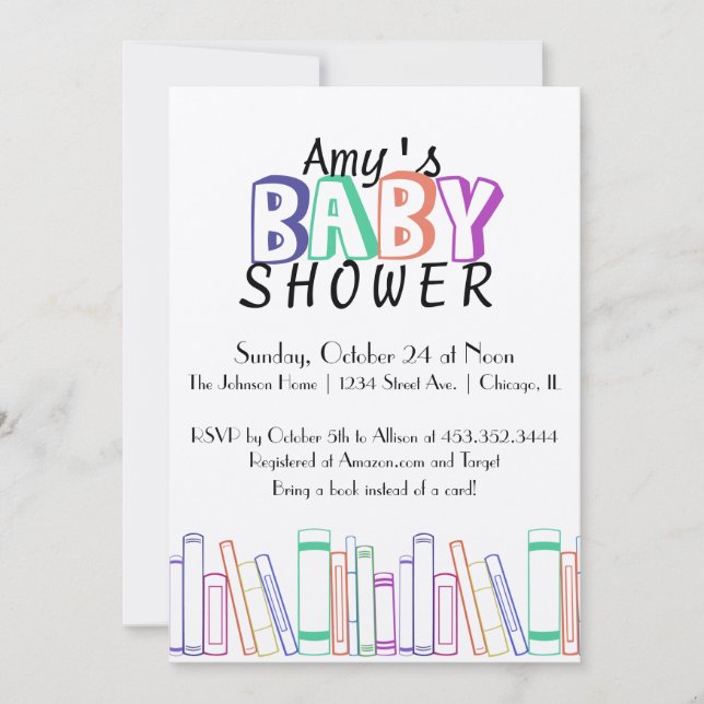 Invitación a Baby Shower con temas de libro (Anverso)