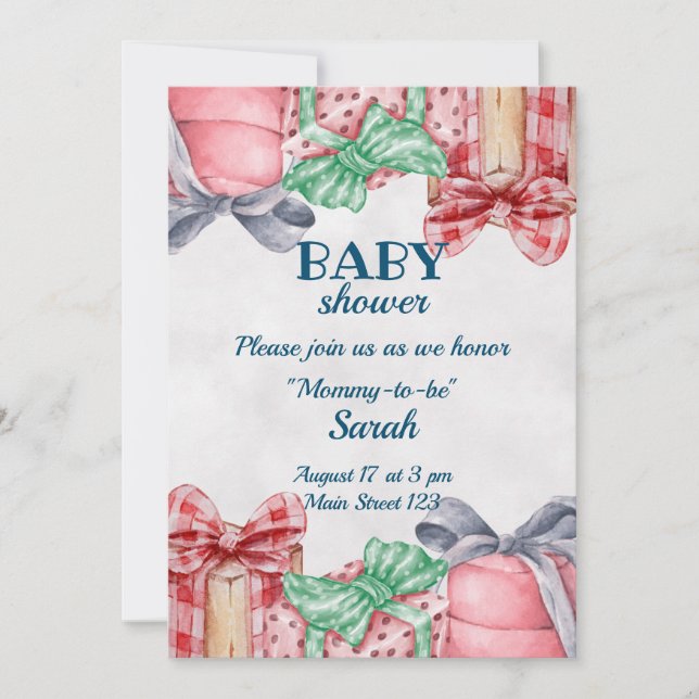 Invitación a Baby Shower con temas de regalo (Anverso)