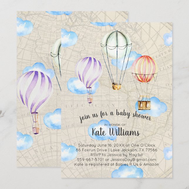 Invitación a Baby Shower con temas de viajes (Anverso / Reverso)