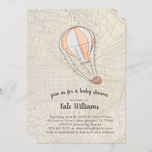 Invitación a Baby Shower con temas de viajes (Anverso / Reverso)