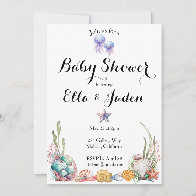 Invitación a Baby Shower con temática oceánica (Anverso)