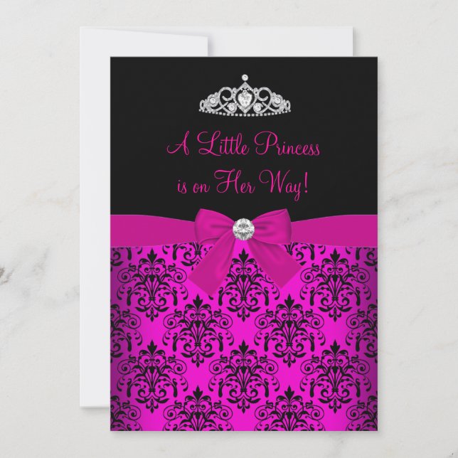 Invitación a baby shower con tiara rosa y damasco (Anverso)