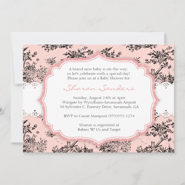 Invitación a Baby Shower con TOILE DE MODA - Rosa (Anverso)