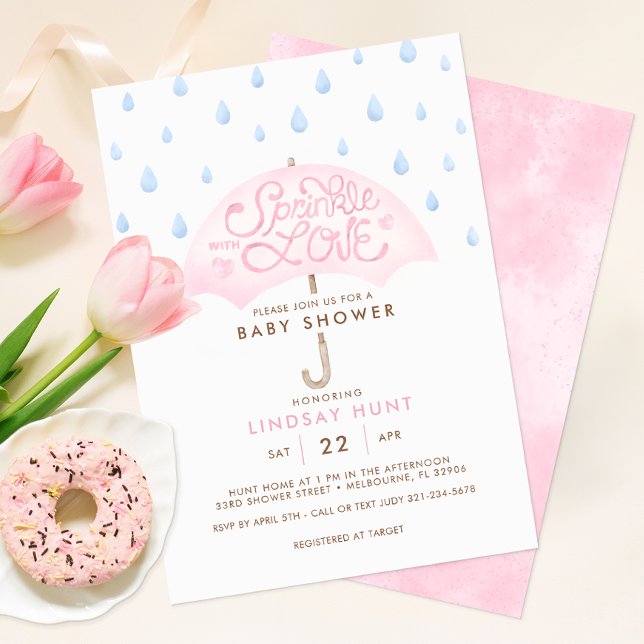 Invitación a Baby Shower con un paraguas rosado ro (Sprinkle with Love Girl Baby Shower Invitation)