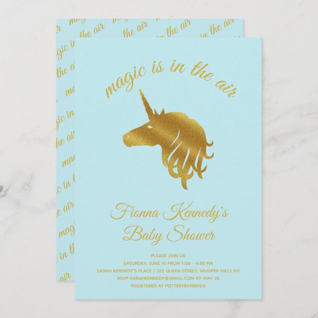 Invitación a Baby Shower con unicornio mágico azul (Anverso / Reverso)