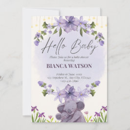 Invitación a Baby Shower cruda morada en beige