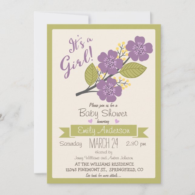 Invitación a Baby Shower Curso, Morado y Verde (Anverso)