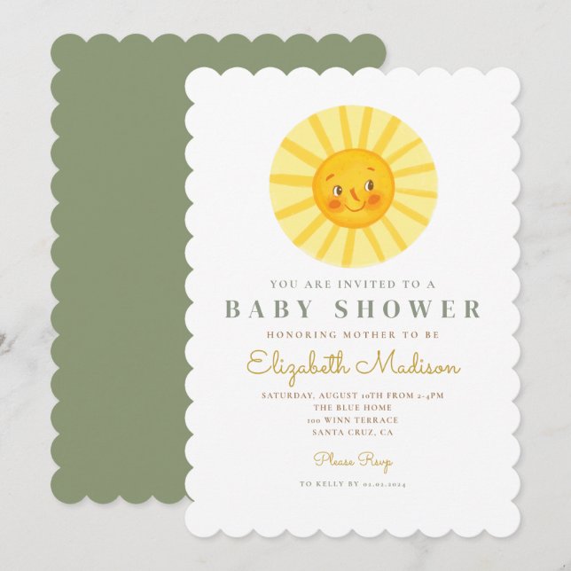 Invitación a Baby Shower Cute Happy Sun (Anverso / Reverso)