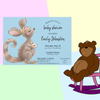 Invitación a Baby Shower Cute Kangaroo y Joey Blue