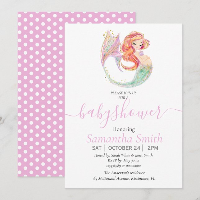 Invitación a BABY SHOWER CUTE MERMAID (Anverso / Reverso)