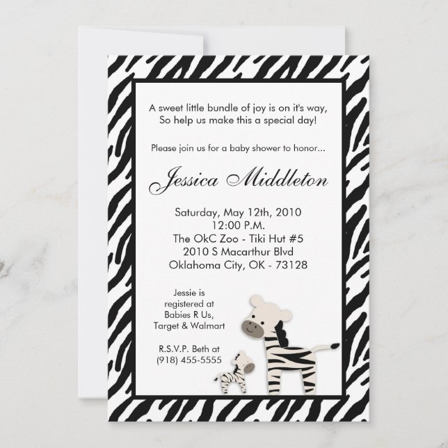 Invitación a Baby Shower de 5 x 7 Zebra Momma and  (Anverso)