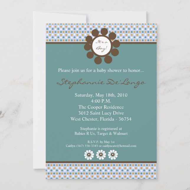 Invitación a Baby Shower de 5x7 Blue Sinear PolkaD (Anverso)