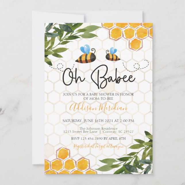 Invitación a Baby Shower de abejas, Oh Honey Babee (Anverso)