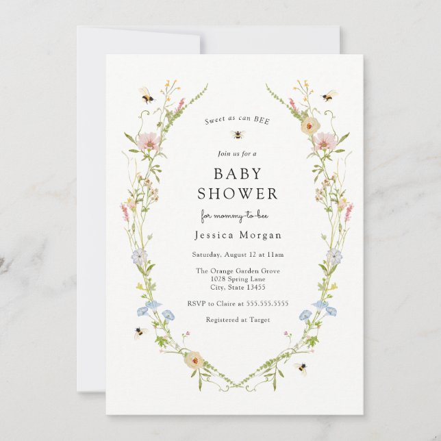 Invitación a Baby Shower de abejas y flores silves (Anverso)