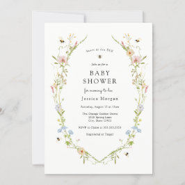 Invitación a Baby Shower de abejas y flores silves