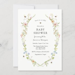 Invitación a Baby Shower de abejas y flores silves