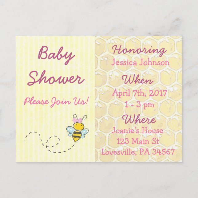 Invitación a Baby Shower de abejorros amarillos y  (Anverso)