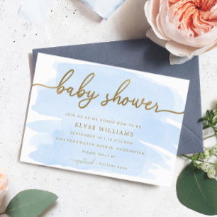 Invitación a Baby Shower de Acuarela Azul y Dorado