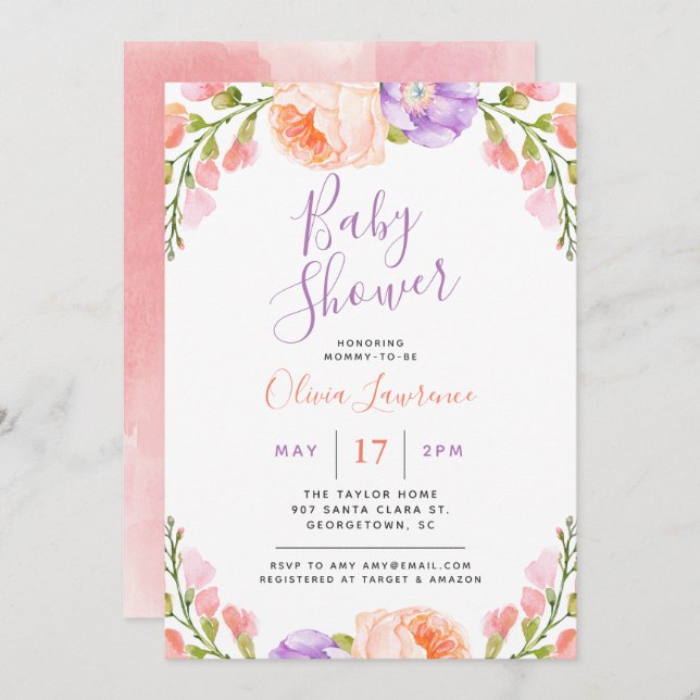 Invitación a Baby Shower de acuarela floral (Anverso / Reverso)