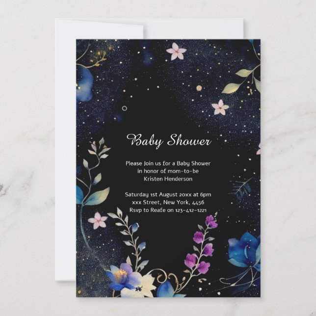 Invitación a Baby Shower de acuarela floral (Anverso)