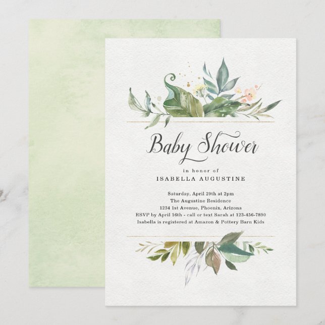 Invitación a Baby Shower de acuarela floral (Anverso / Reverso)