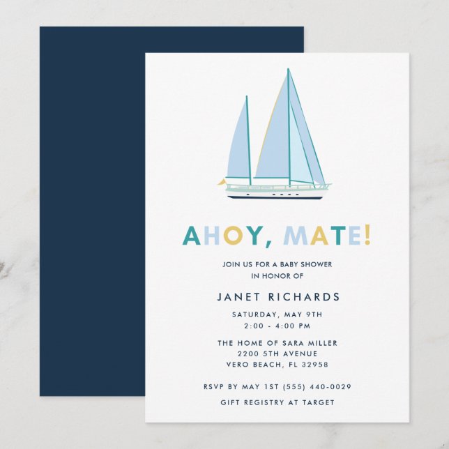 Invitación a Baby Shower de Ahoy Mate Nautical Sai (Anverso / Reverso)