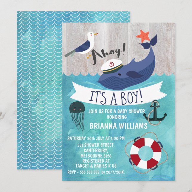 Invitación a Baby Shower de Ahoy Whale (Anverso / Reverso)