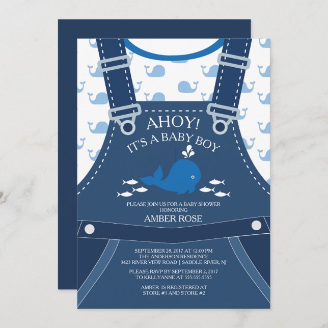 Invitación a Baby Shower de Ahoy Whale Nautical (Anverso / Reverso)