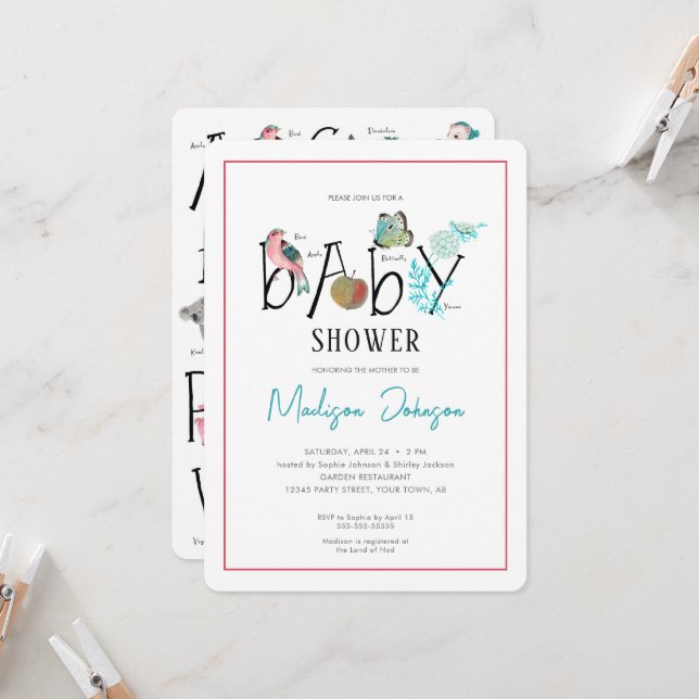 Invitación a baby shower de alfabeto ABC para bebé (Anverso/Reverso In Situ)