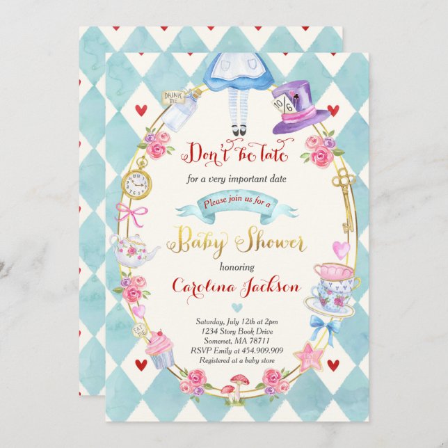 Invitación a Baby Shower de Alice In Wonderland (Anverso / Reverso)