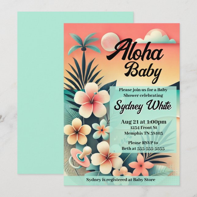 Invitación a Baby Shower de Aloha (Anverso / Reverso)
