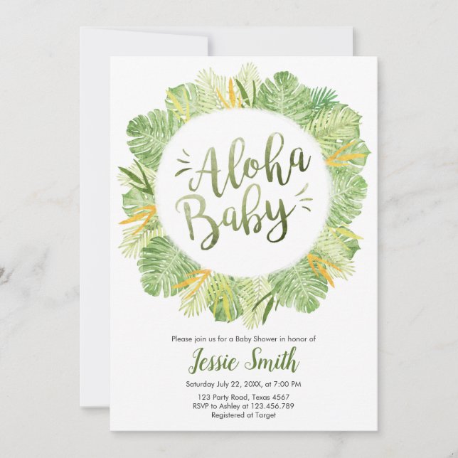 Invitación a Baby Shower de Aloha deja verde tropi (Anverso)