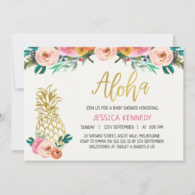 Invitación a Baby Shower de Aloha Pineapple Floral (Anverso)