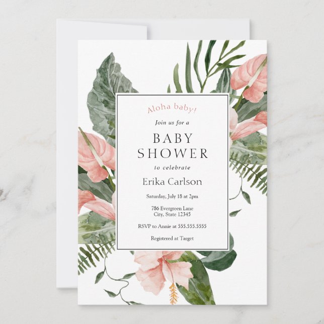 Invitación a Baby Shower de Aloha Tropical (Anverso)