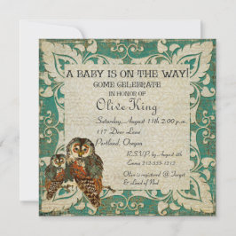 Invitación a Baby Shower de Amber Owls Verde azula