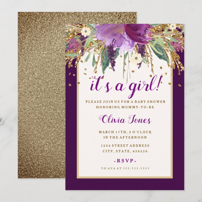 Invitación a Baby Shower de Ametismo Purple Floral (Anverso / Reverso)