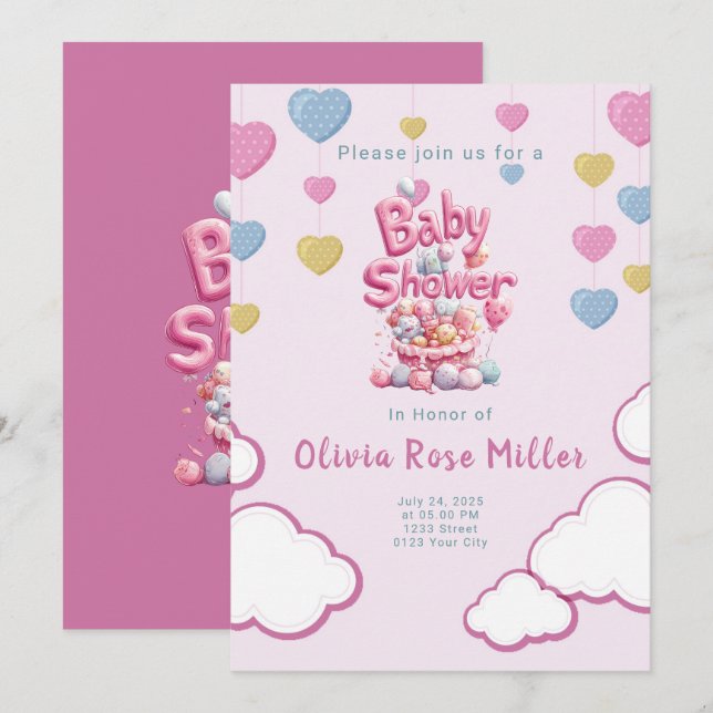 Invitación a Baby Shower de amor rosado (Anverso / Reverso)