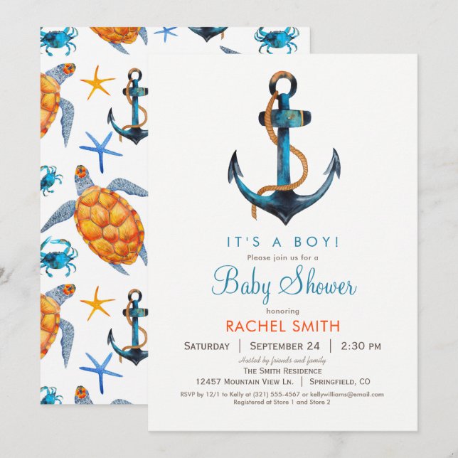 Invitación a Baby Shower de Anchor Boy Nautical (Anverso / Reverso)