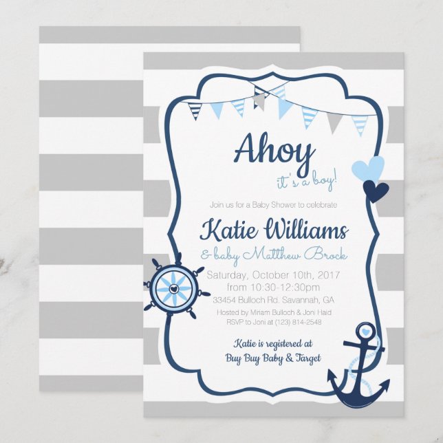 Invitación a Baby Shower de Anchor Náutico Blue Bo (Anverso / Reverso)