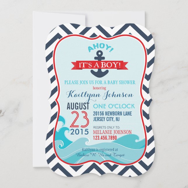 Invitación a Baby Shower de Ancla Náutica y Chevro (Anverso)
