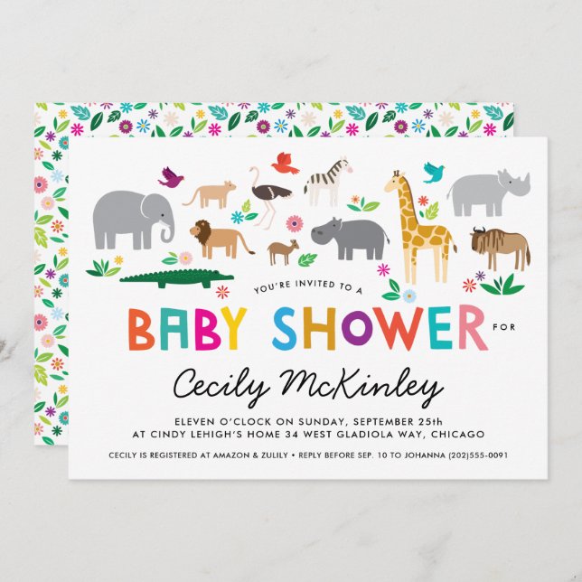 Invitación a Baby Shower de Animales Africanos (Anverso / Reverso)
