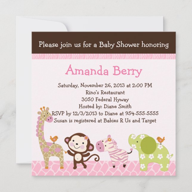 Invitación a Baby Shower de animales Chicas de la  (Anverso)
