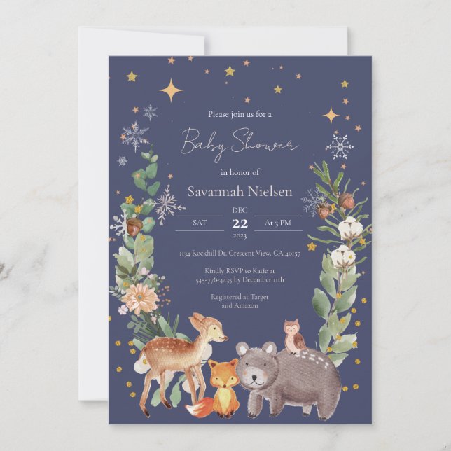 Invitación a Baby Shower de animales de bosque (Anverso)