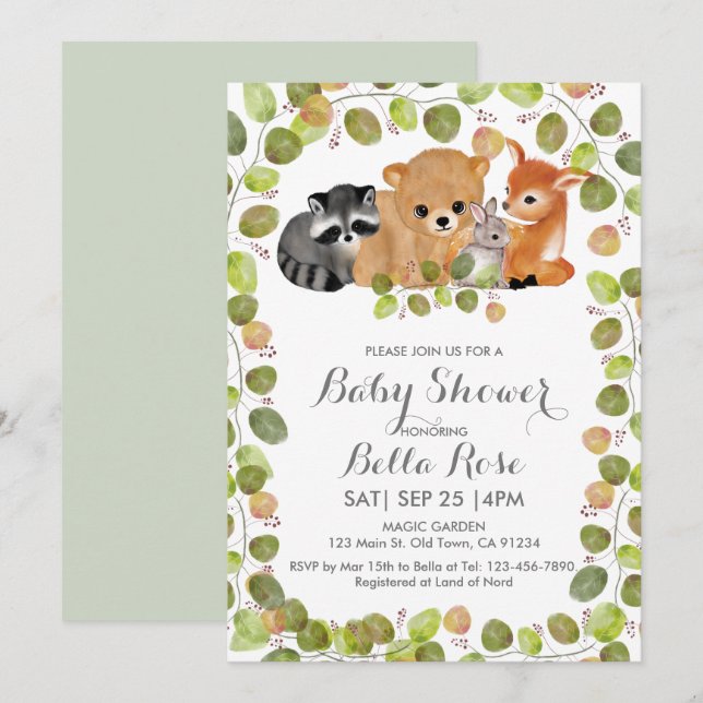 Invitación a Baby Shower de animales de bosque de  (Anverso / Reverso)