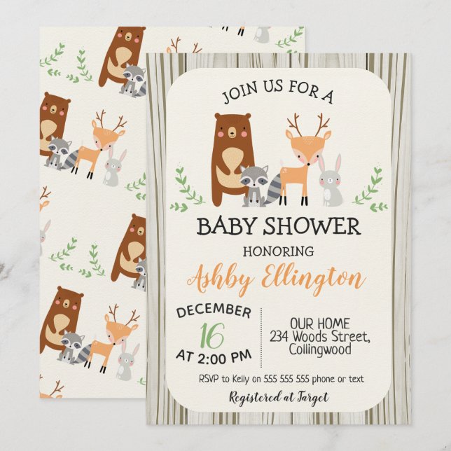 Invitación a Baby Shower de animales de bosque de  (Anverso / Reverso)