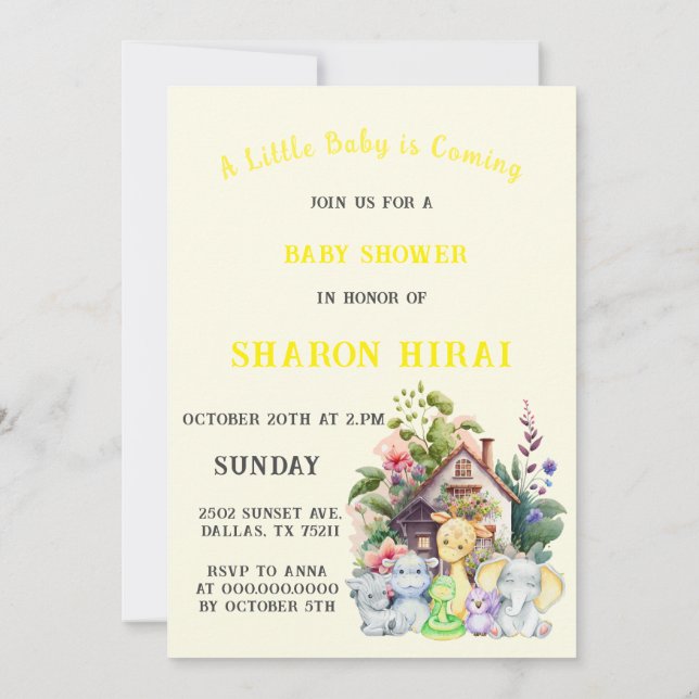 Invitación a Baby Shower de animales de curso | Am (Reverso)