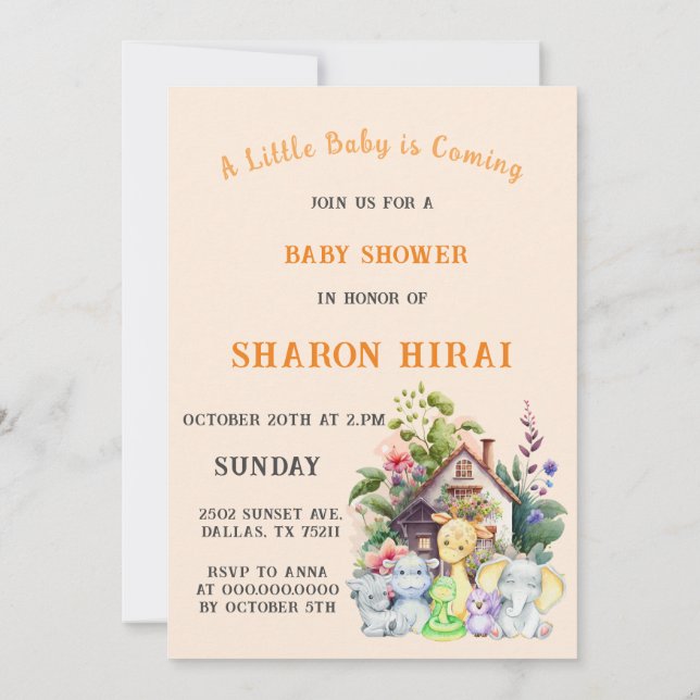 Invitación a Baby Shower de animales de curso | Co (Reverso)